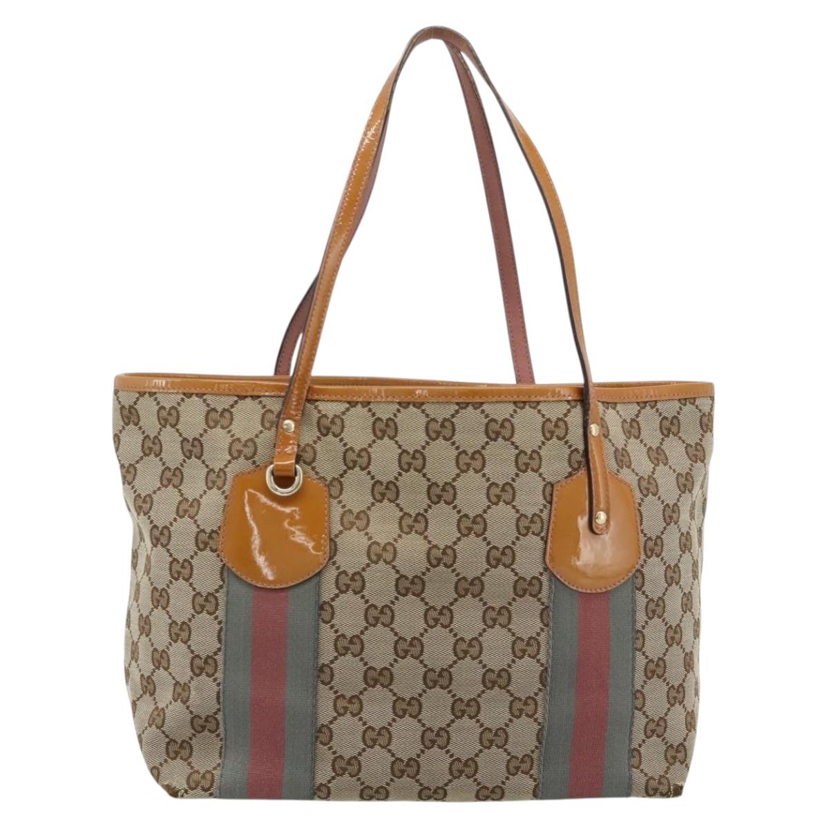 GUCCI GG Canvas Web Sherry Line Tote Bag Beige Gold 211971 Auth hk3796