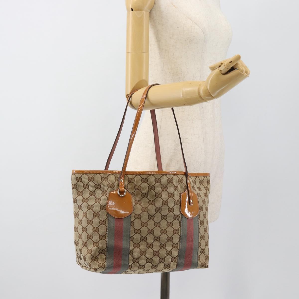 GUCCI GG Canvas Web Sherry Line Tote Bag Beige Gold 211971 Auth hk3796