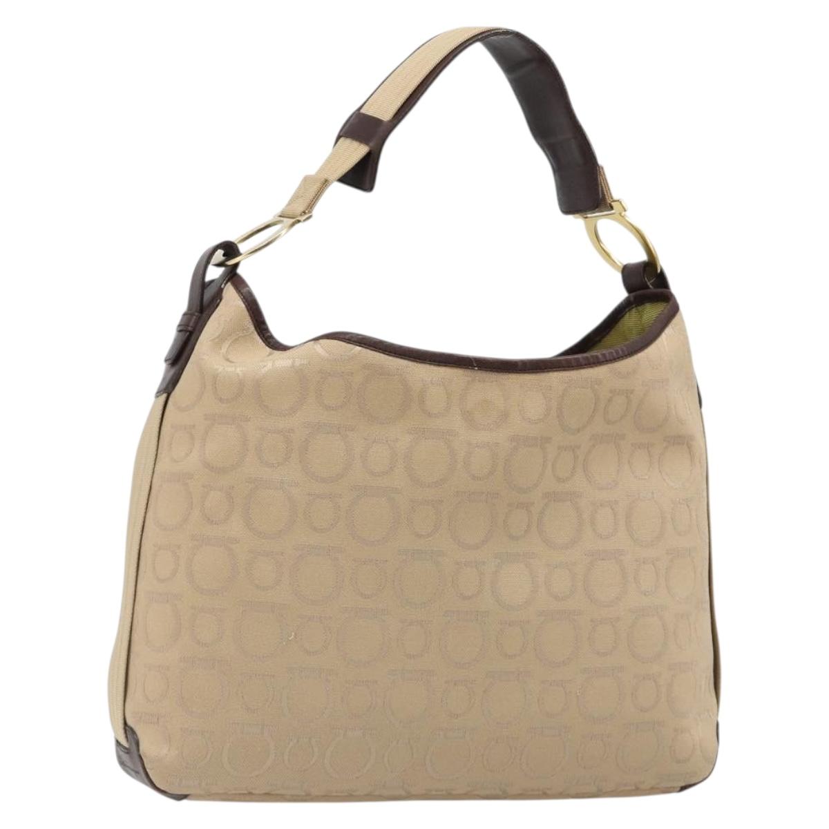 Salvatore Ferragamo Shoulder Bag Canvas Beige Gold Auth hk3800