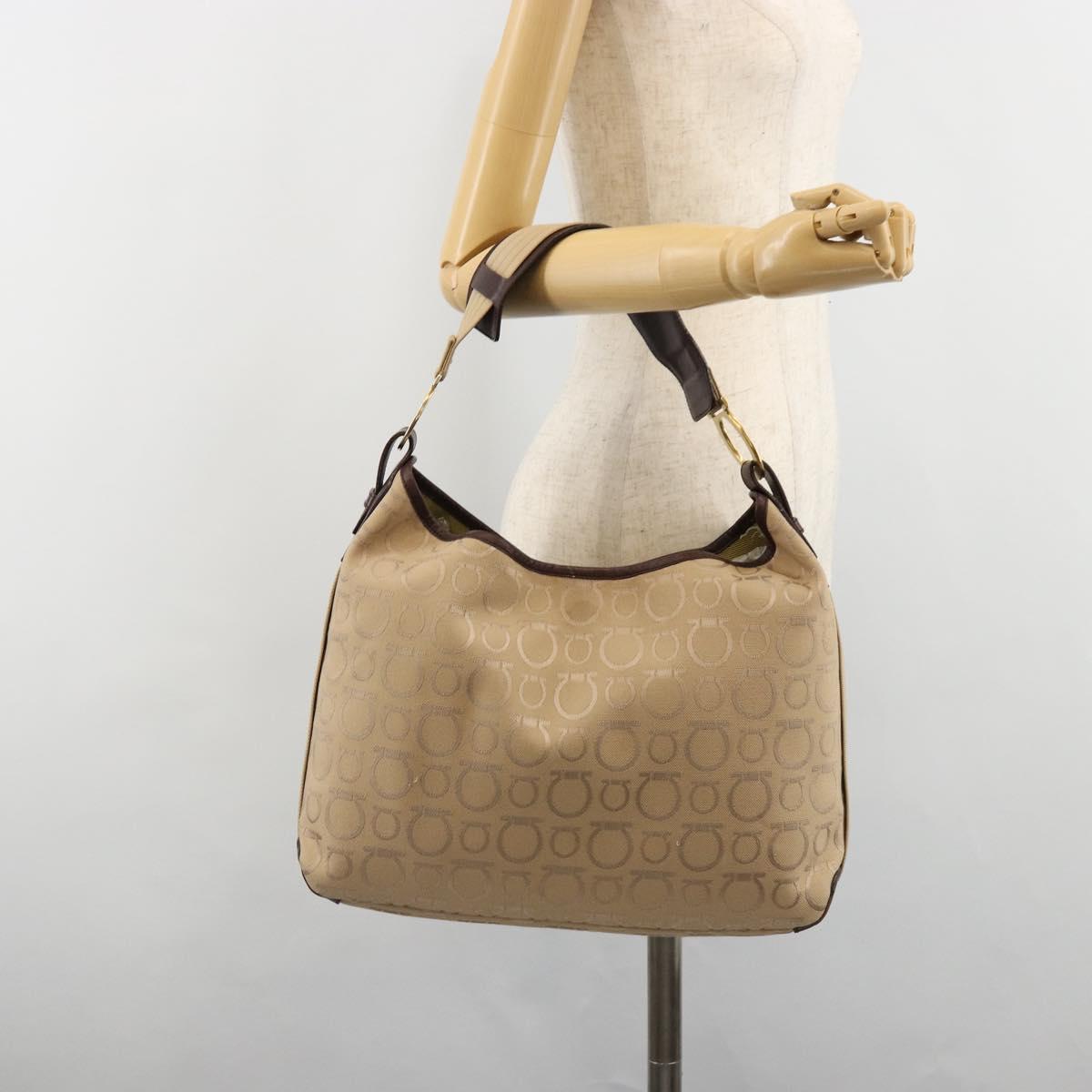 Salvatore Ferragamo Shoulder Bag Canvas Beige Gold Auth hk3800