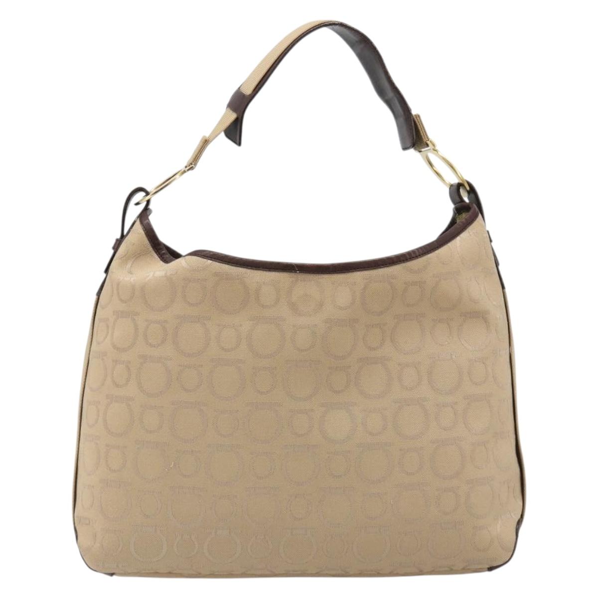 Salvatore Ferragamo Shoulder Bag Canvas Beige Gold Auth hk3800