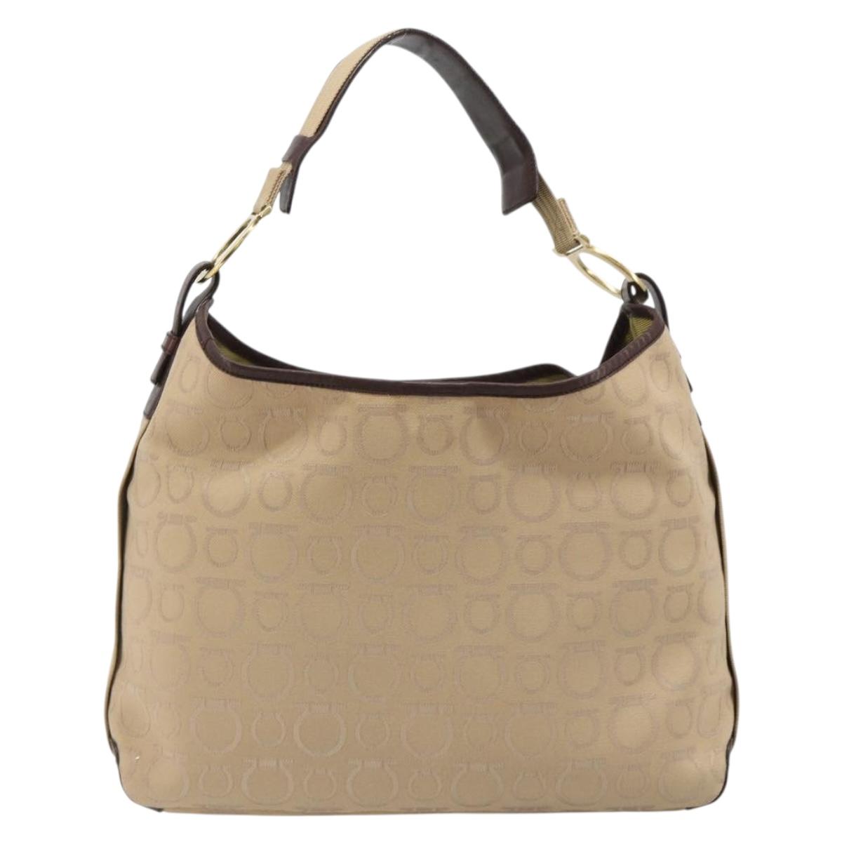 Salvatore Ferragamo Shoulder Bag Canvas Beige Gold Auth hk3800