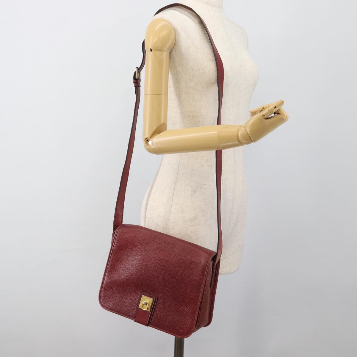 CELINE Shoulder Bag Leather Bordeaux Gold Auth hk3802