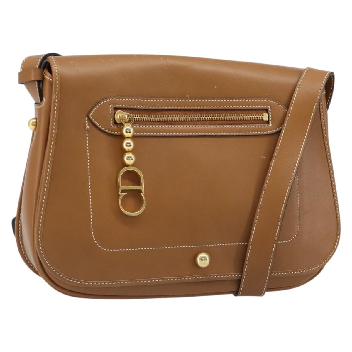 Christian Dior Shoulder Bag Leather Brown Gold Auth hk3803