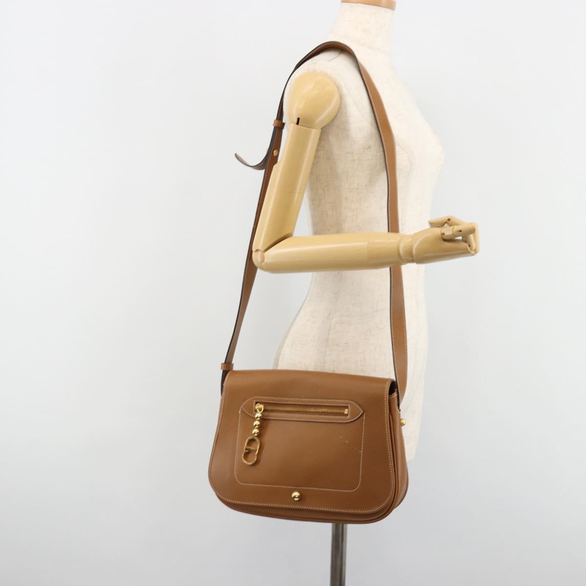 Christian Dior Shoulder Bag Leather Brown Gold Auth hk3803
