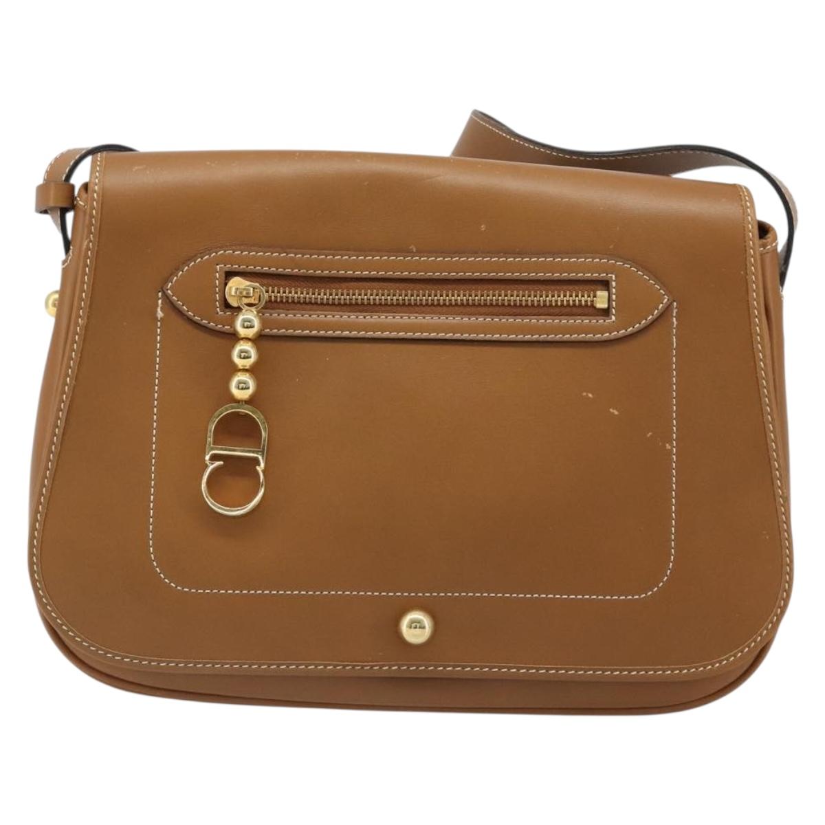 Christian Dior Shoulder Bag Leather Brown Gold Auth hk3803