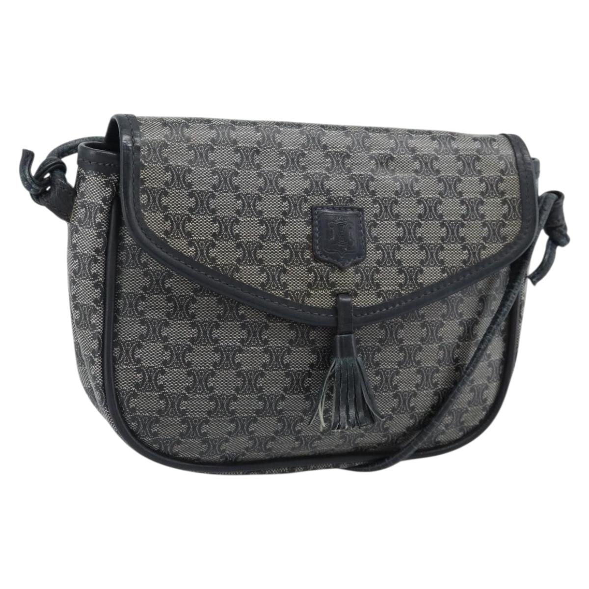 CELINE Macadam Canvas Shoulder Bag PVC Navy Gold Auth hk3804