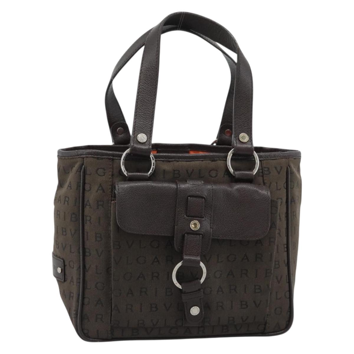 BVLGARI Logo Mania Hand Bag Canvas Brown Silver Auth hk3805