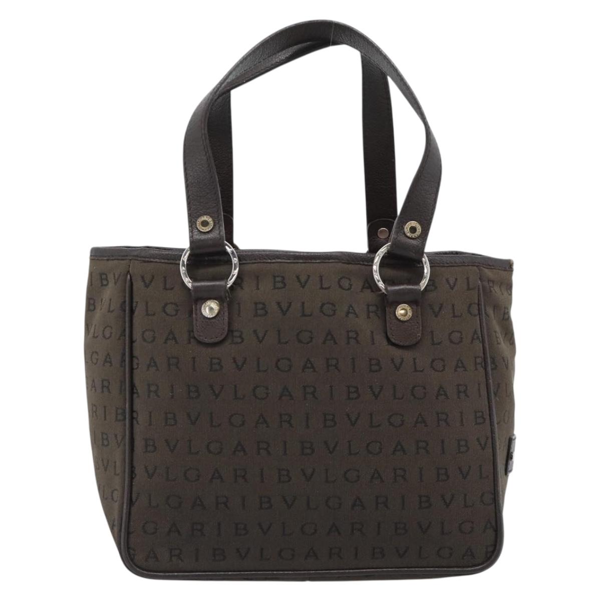 BVLGARI Logo Mania Hand Bag Canvas Brown Silver Auth hk3805
