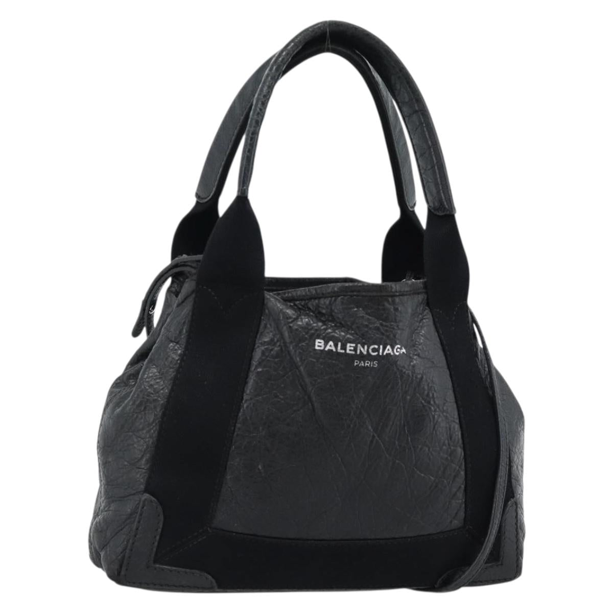 BALENCIAGA Navy Cabas XS Hand Bag Leather 2way Black Silver 390346 Auth hk3806