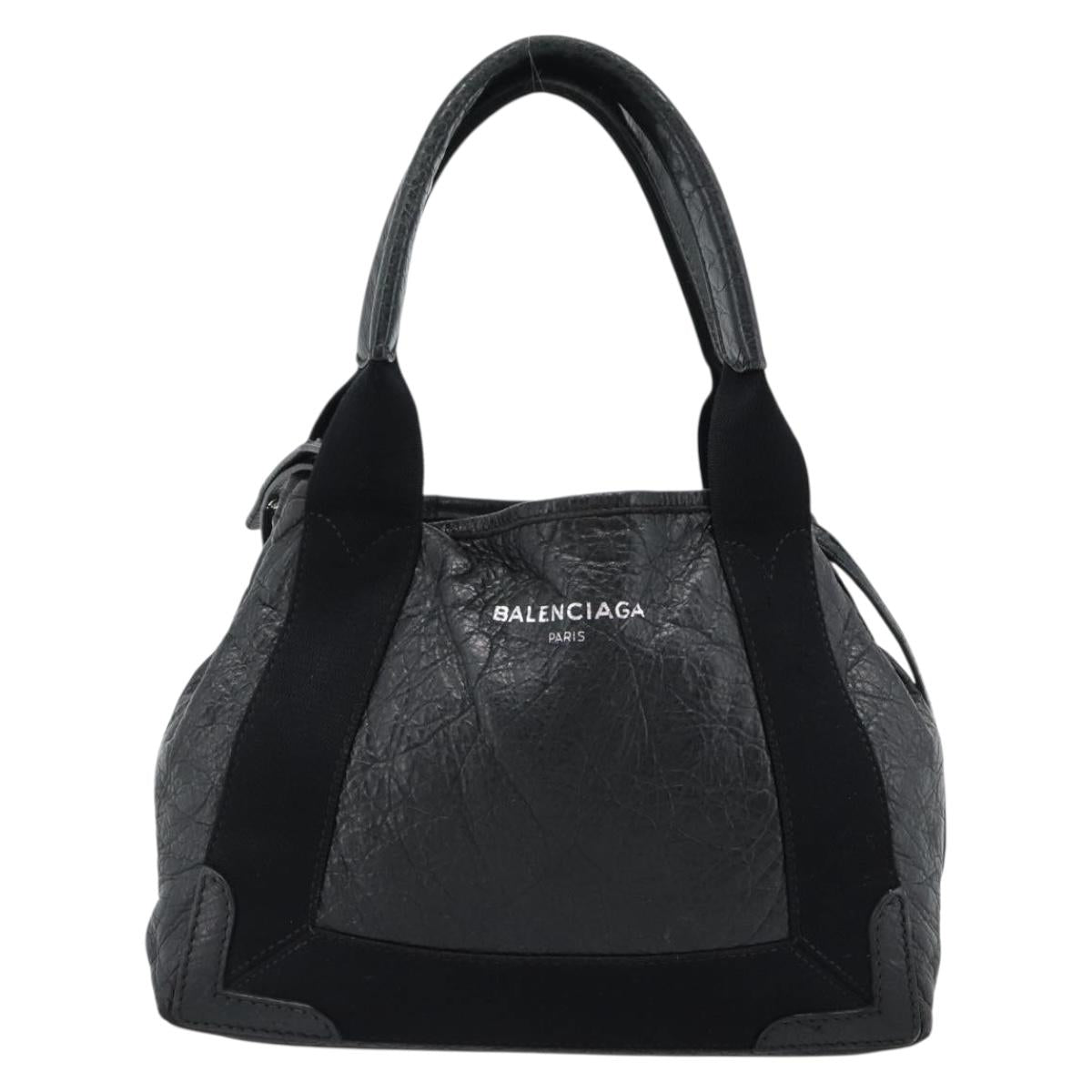 BALENCIAGA Navy Cabas XS Hand Bag Leather 2way Black Silver 390346 Auth hk3806