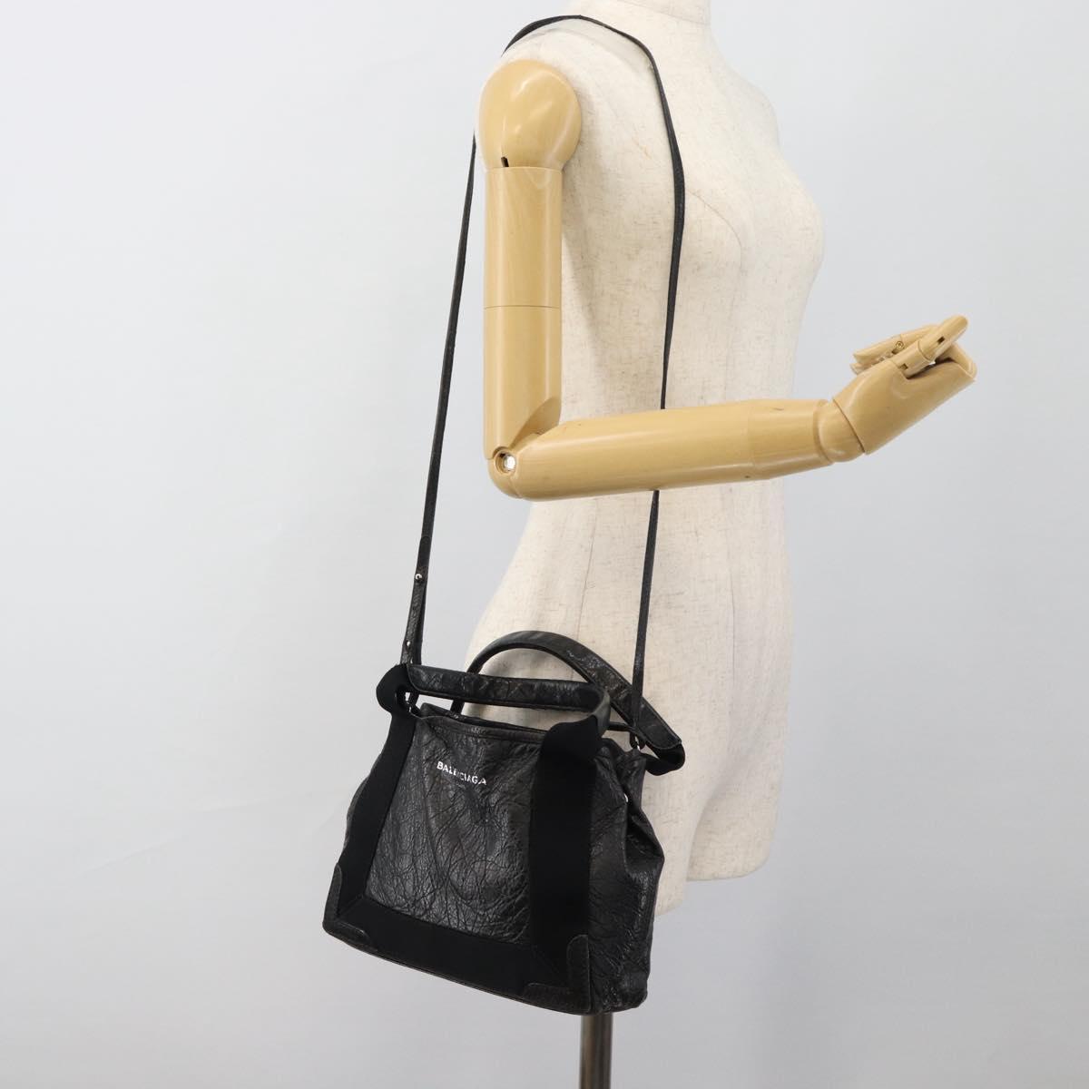 BALENCIAGA Navy Cabas XS Hand Bag Leather 2way Black Silver 390346 Auth hk3806