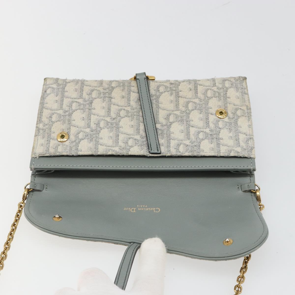 Christian Dior Trotter Canvas Saddle Chain Wallet Light Blue Gold Auth hk3821A