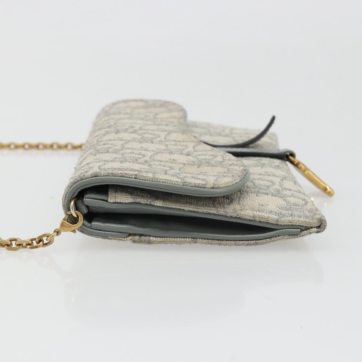 Christian Dior Trotter Canvas Saddle Chain Wallet Light Blue Gold Auth hk3821A