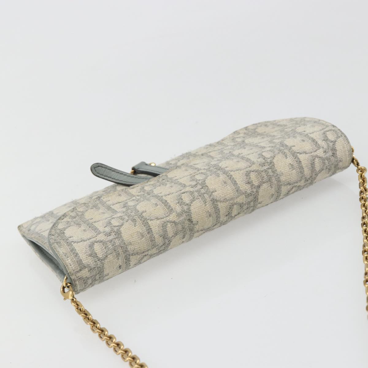 Christian Dior Trotter Canvas Saddle Chain Wallet Light Blue Gold Auth hk3821A