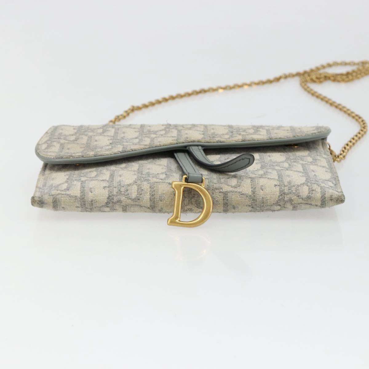 Christian Dior Trotter Canvas Saddle Chain Wallet Light Blue Gold Auth hk3821A