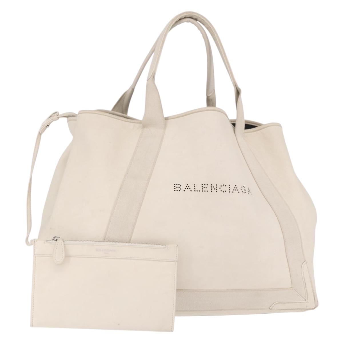 BALENCIAGA Navy Cabas M Hand Bag Leather White Silver 339936 Auth hk3892
