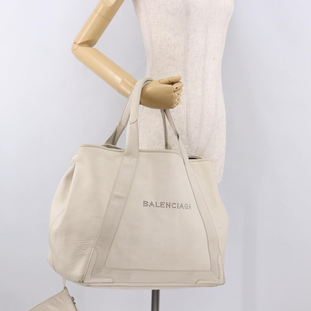 BALENCIAGA Navy Cabas M Hand Bag Leather White Silver 339936 Auth hk3892