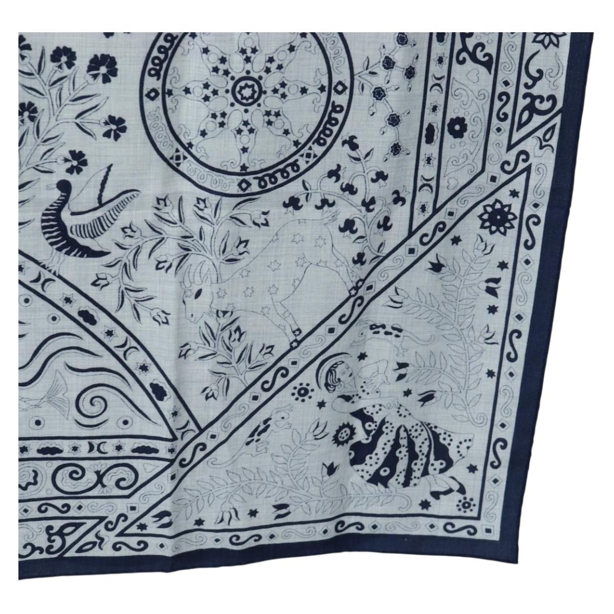 HERMES Carre 140 Scarf ""Peuple Du Vent"" Cashmere Navy Auth hk3921M