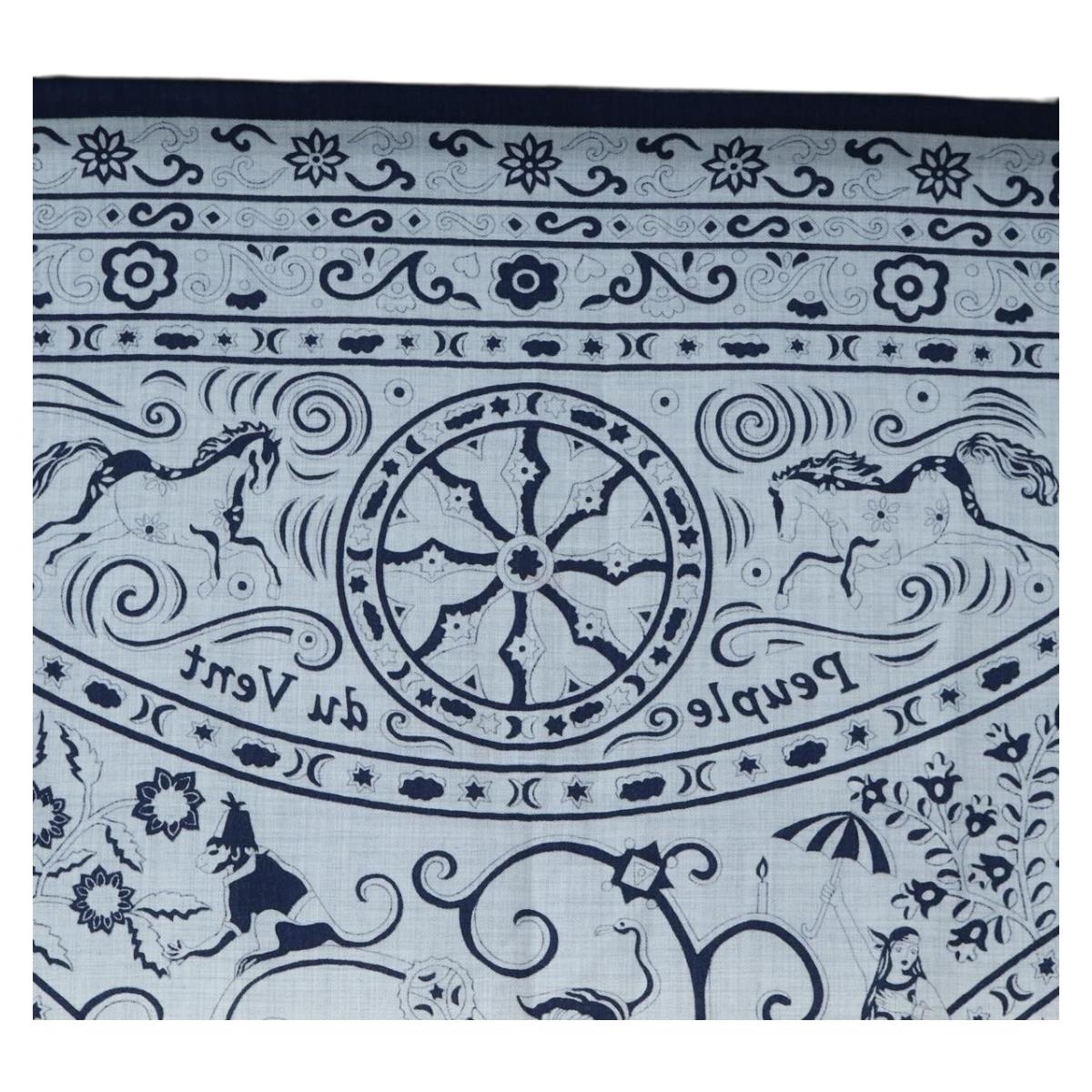 HERMES Carre 140 Scarf ""Peuple Du Vent"" Cashmere Navy Auth hk3921M