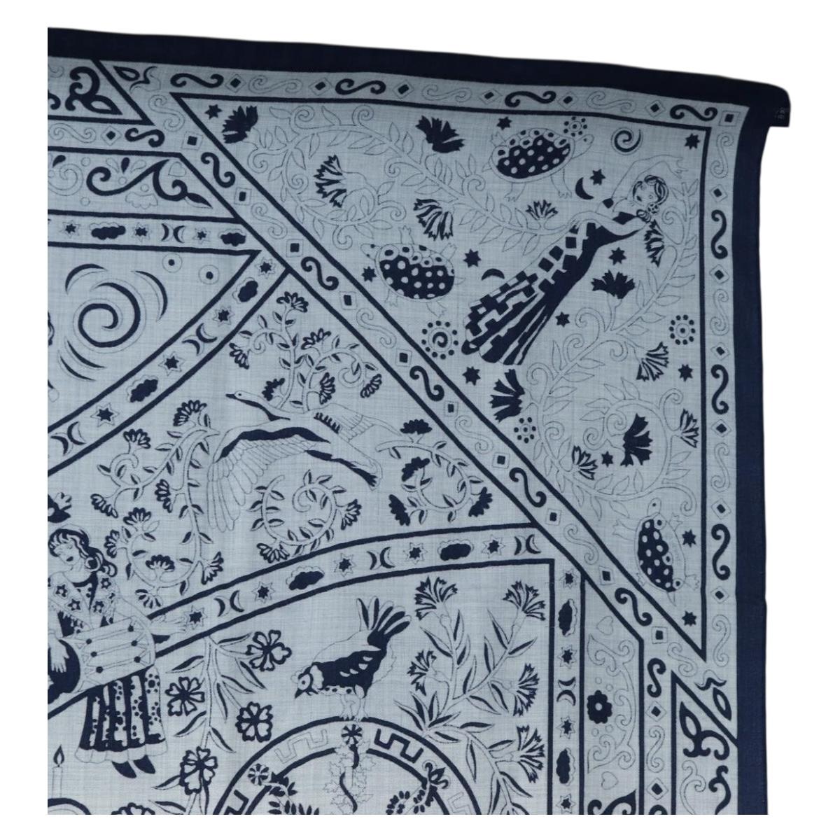 HERMES Carre 140 Scarf ""Peuple Du Vent"" Cashmere Navy Auth hk3921M