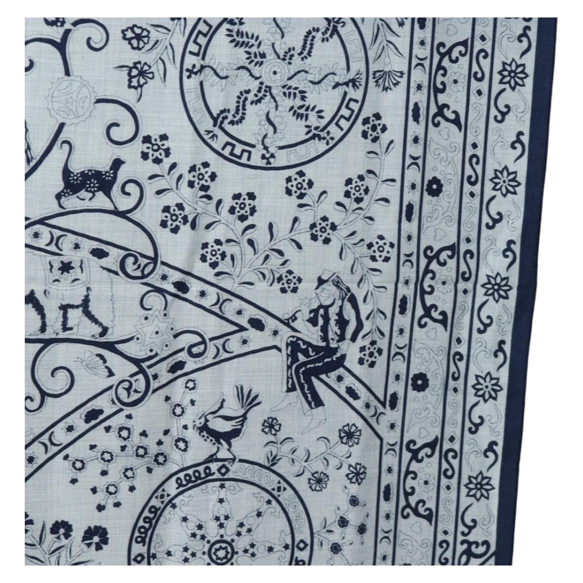 HERMES Carre 140 Scarf ""Peuple Du Vent"" Cashmere Navy Auth hk3921M