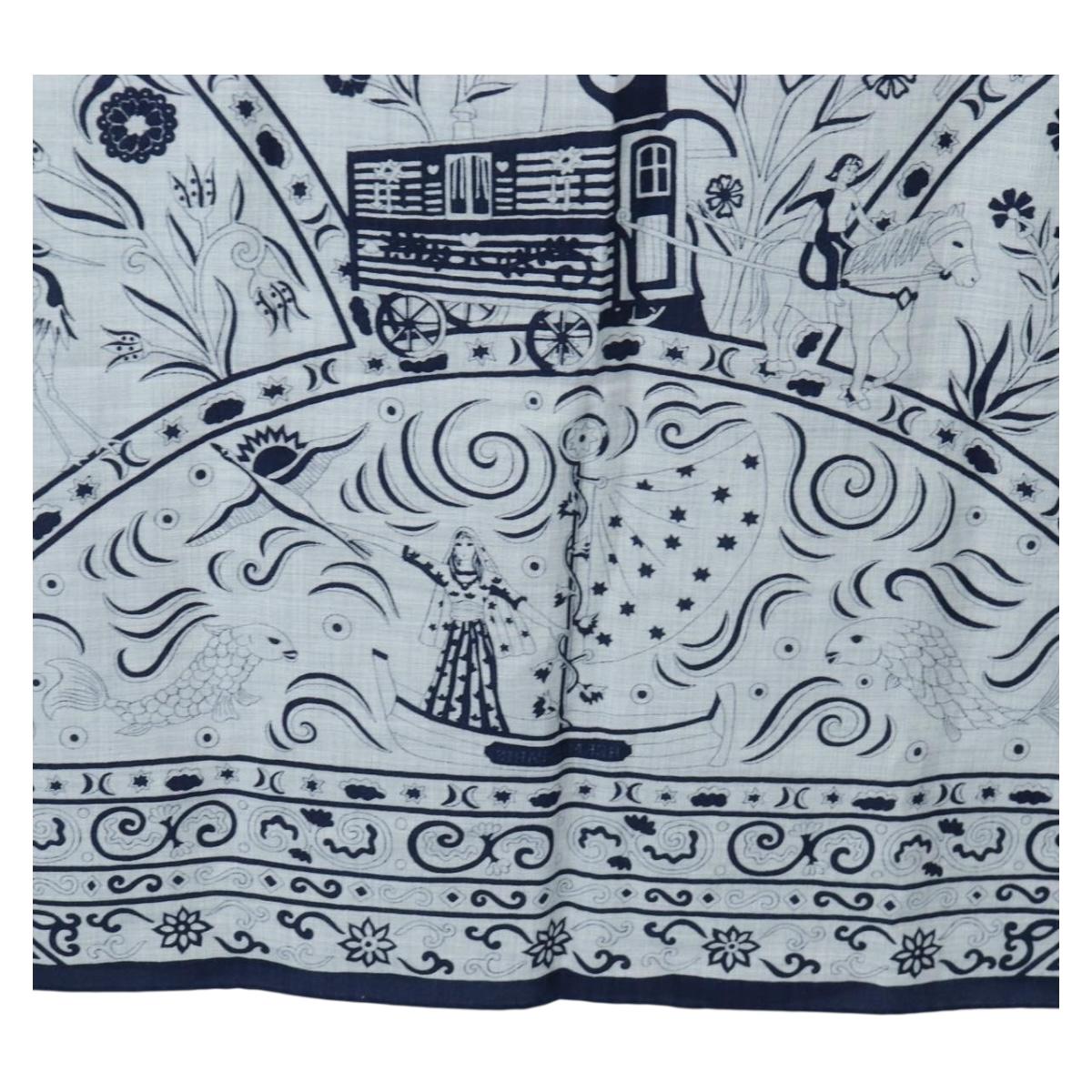 HERMES Carre 140 Scarf ""Peuple Du Vent"" Cashmere Navy Auth hk3921M