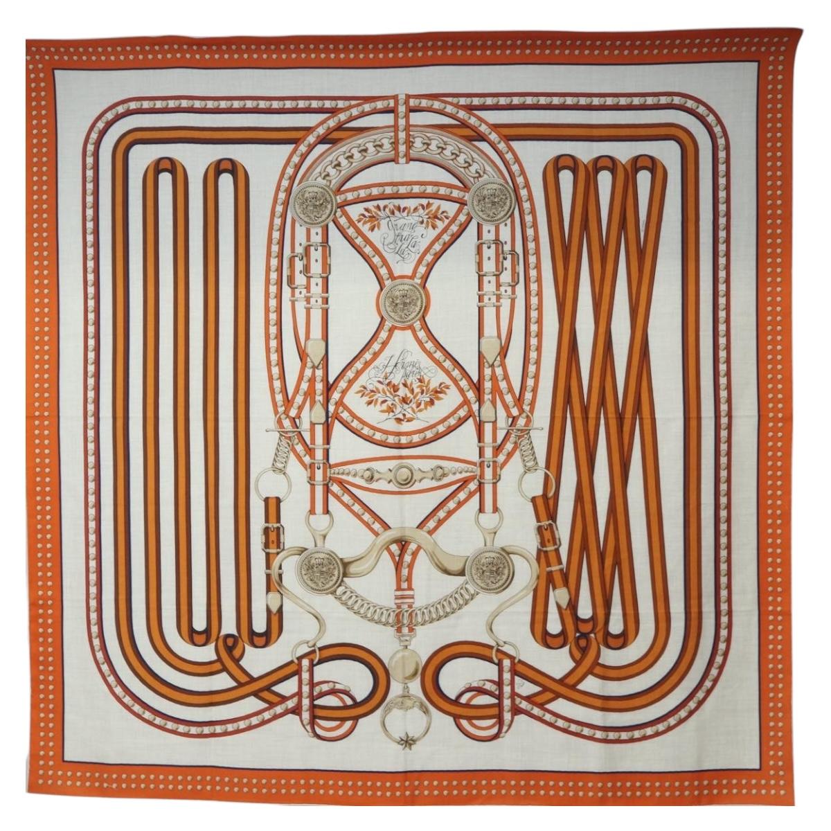 HERMES Carre 140 Scarf ""Grand Tralala"" Cashmere Beige Auth hk3925V