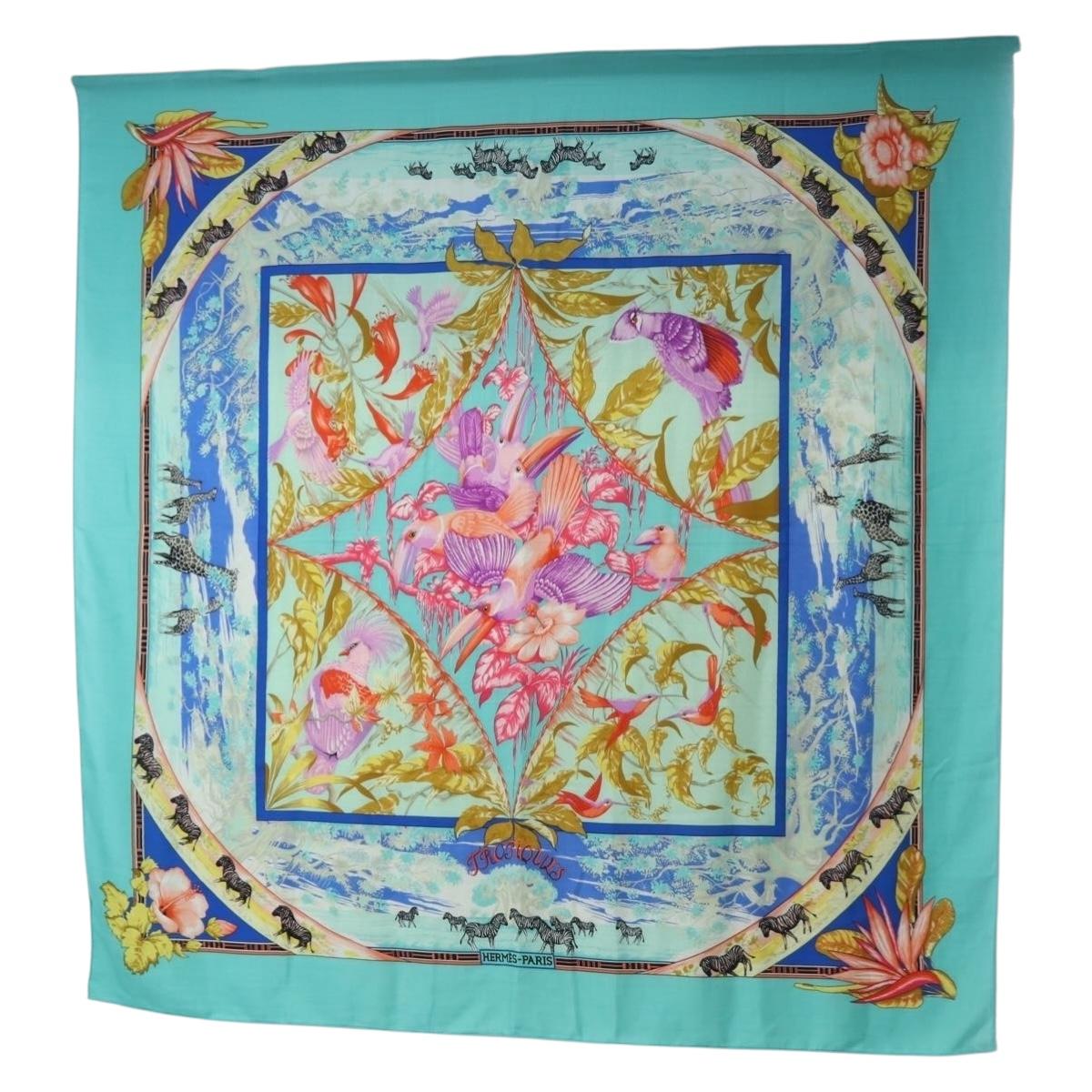 HERMES Carre 140 Scarf ""TROPIQUES"" Cashmere Blue Auth hk3926M