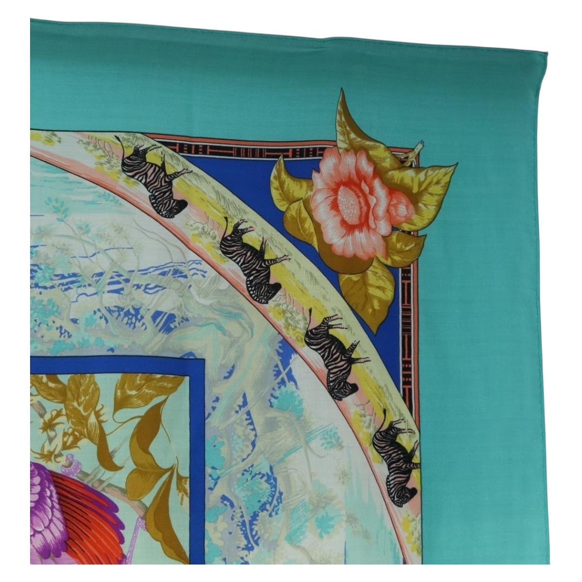 HERMES Carre 140 Scarf ""TROPIQUES"" Cashmere Blue Auth hk3926M
