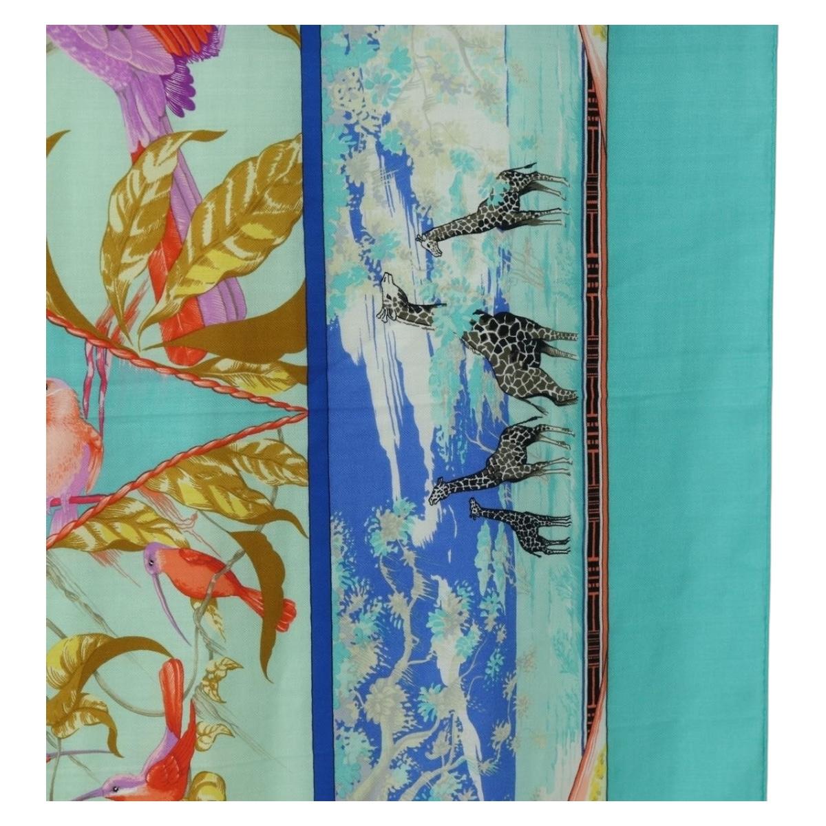 HERMES Carre 140 Scarf ""TROPIQUES"" Cashmere Blue Auth hk3926M