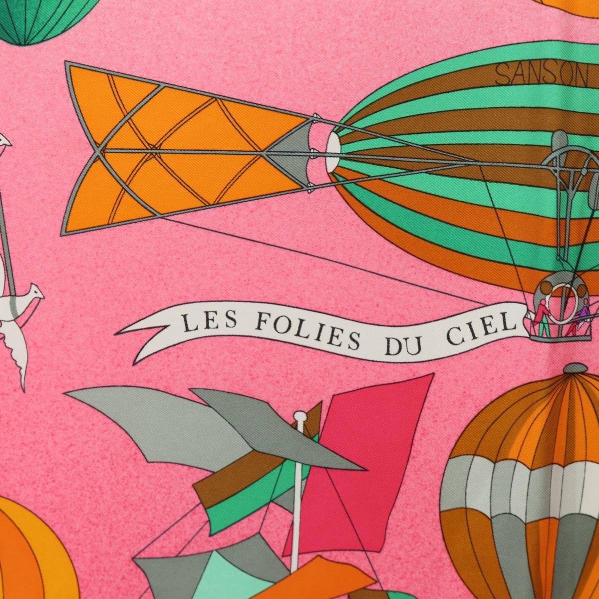 HERMES Carre 90 Scarf ""LES FOLIES DU CIEL"" Silk Pink Auth hk3927V