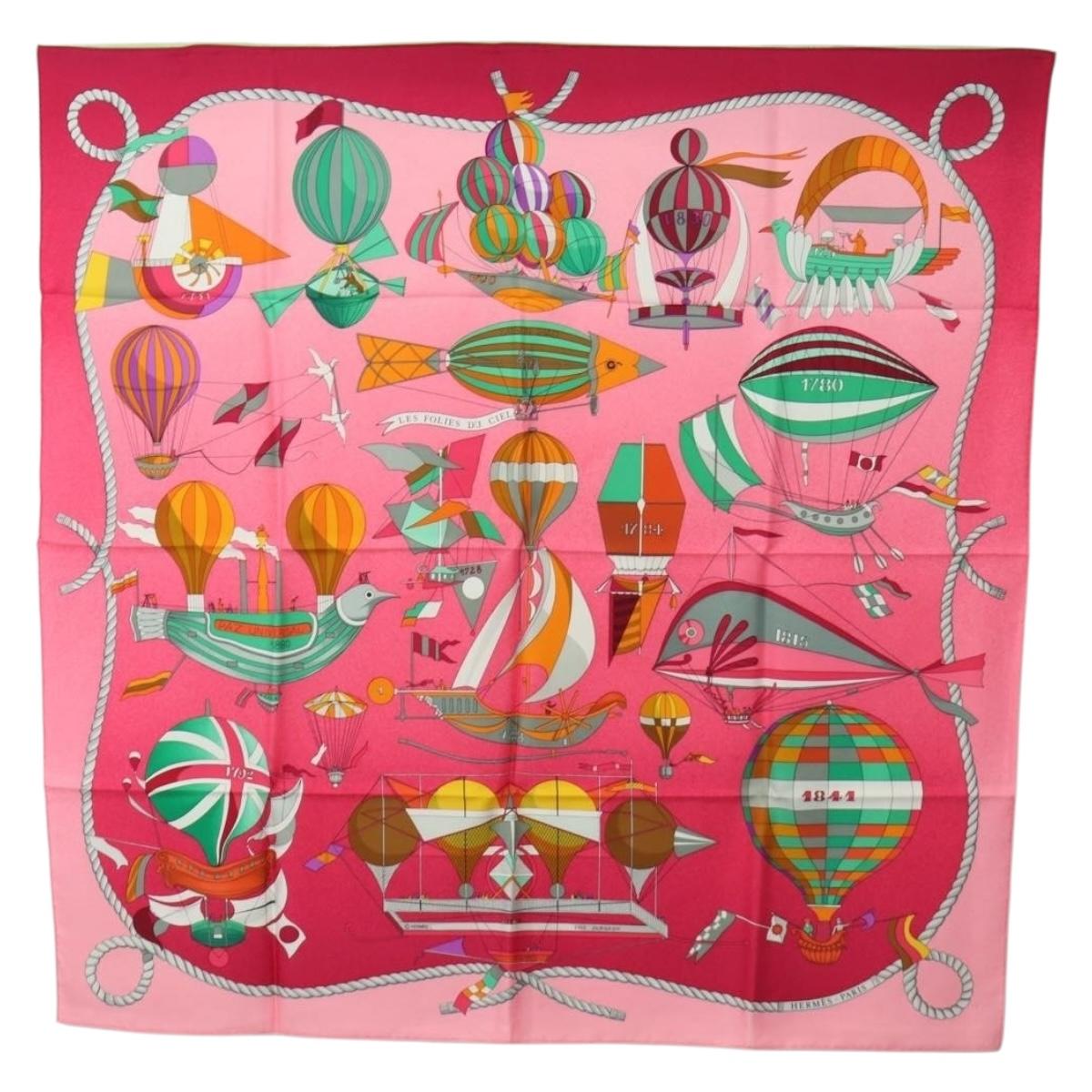 HERMES Carre 90 Scarf ""LES FOLIES DU CIEL"" Silk Pink Auth hk3927V