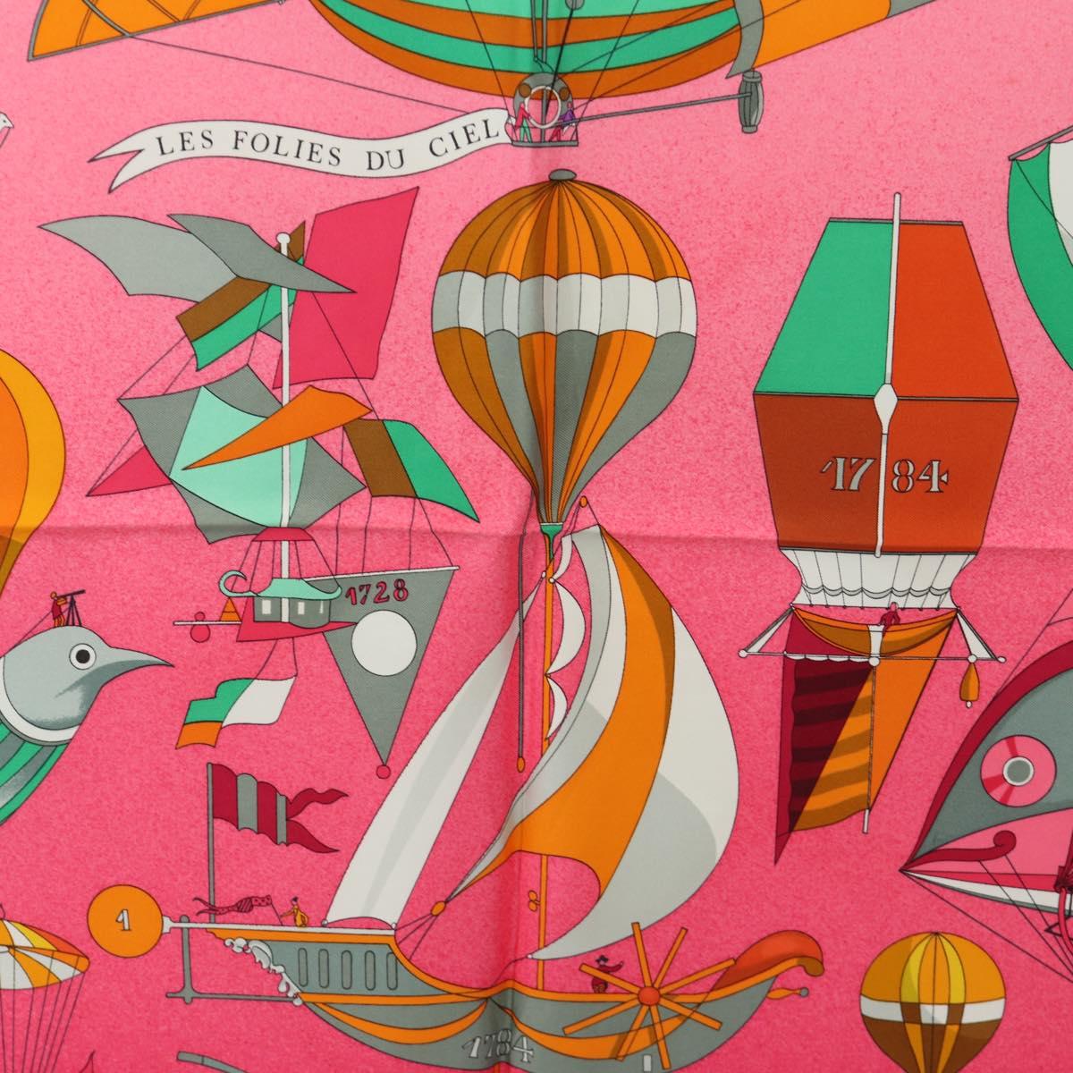 HERMES Carre 90 Scarf ""LES FOLIES DU CIEL"" Silk Pink Auth hk3927V