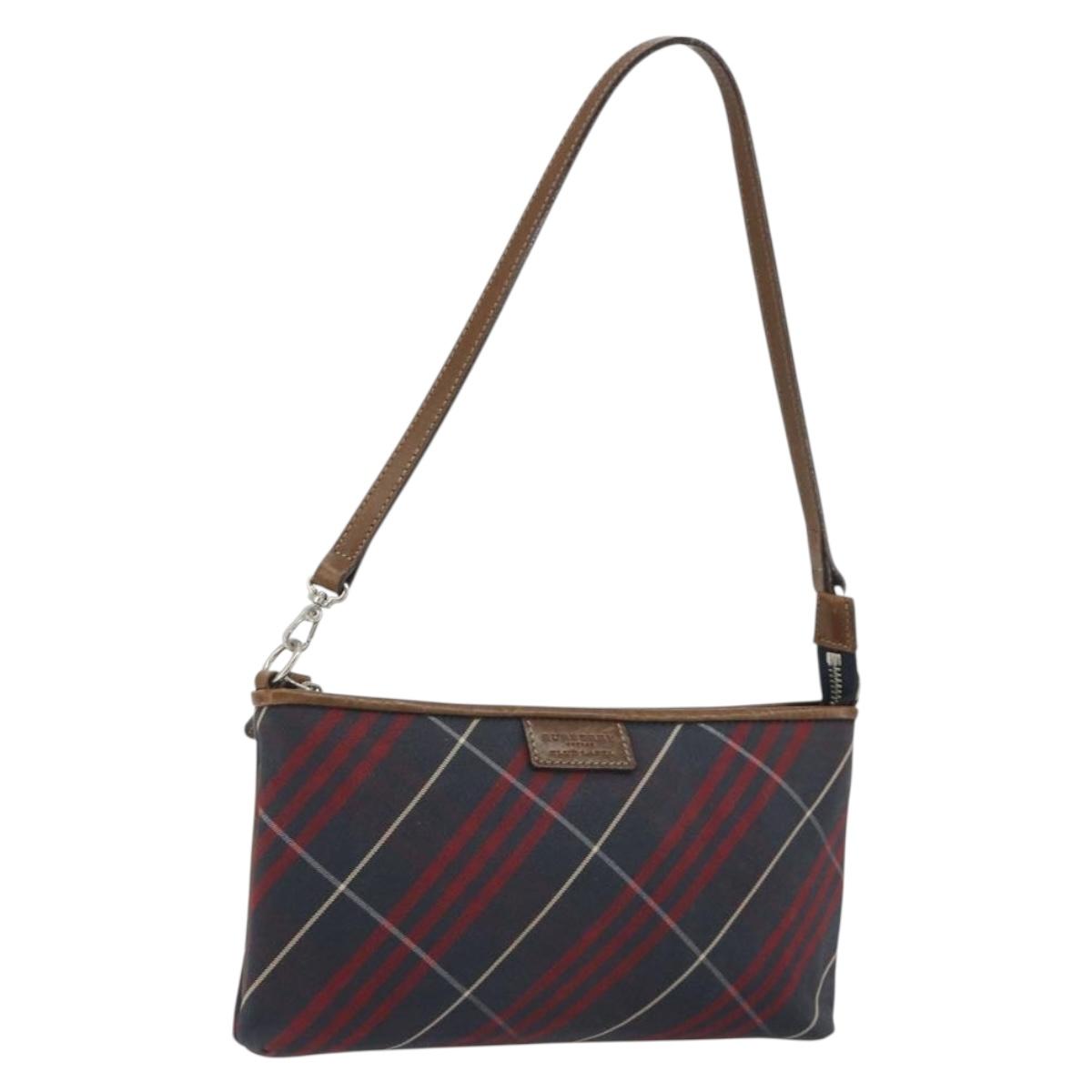 BURBERRY Nova Check Blue Label Hand Pouch Canvas Navy Silver Auth hk3935A