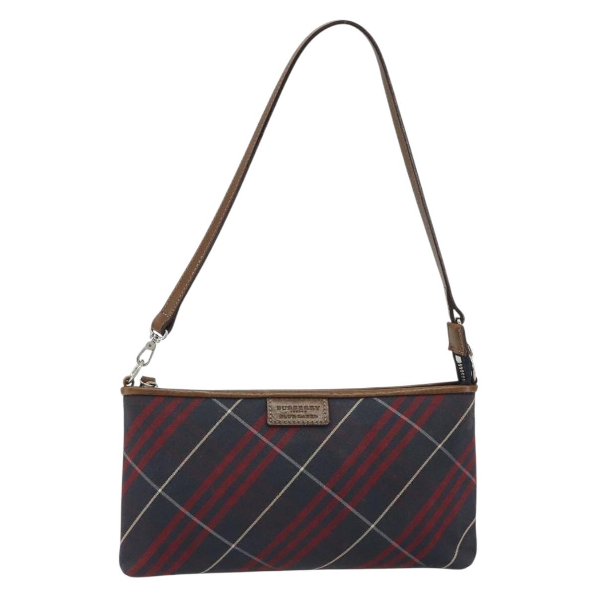 BURBERRY Nova Check Blue Label Hand Pouch Canvas Navy Silver Auth hk3935A