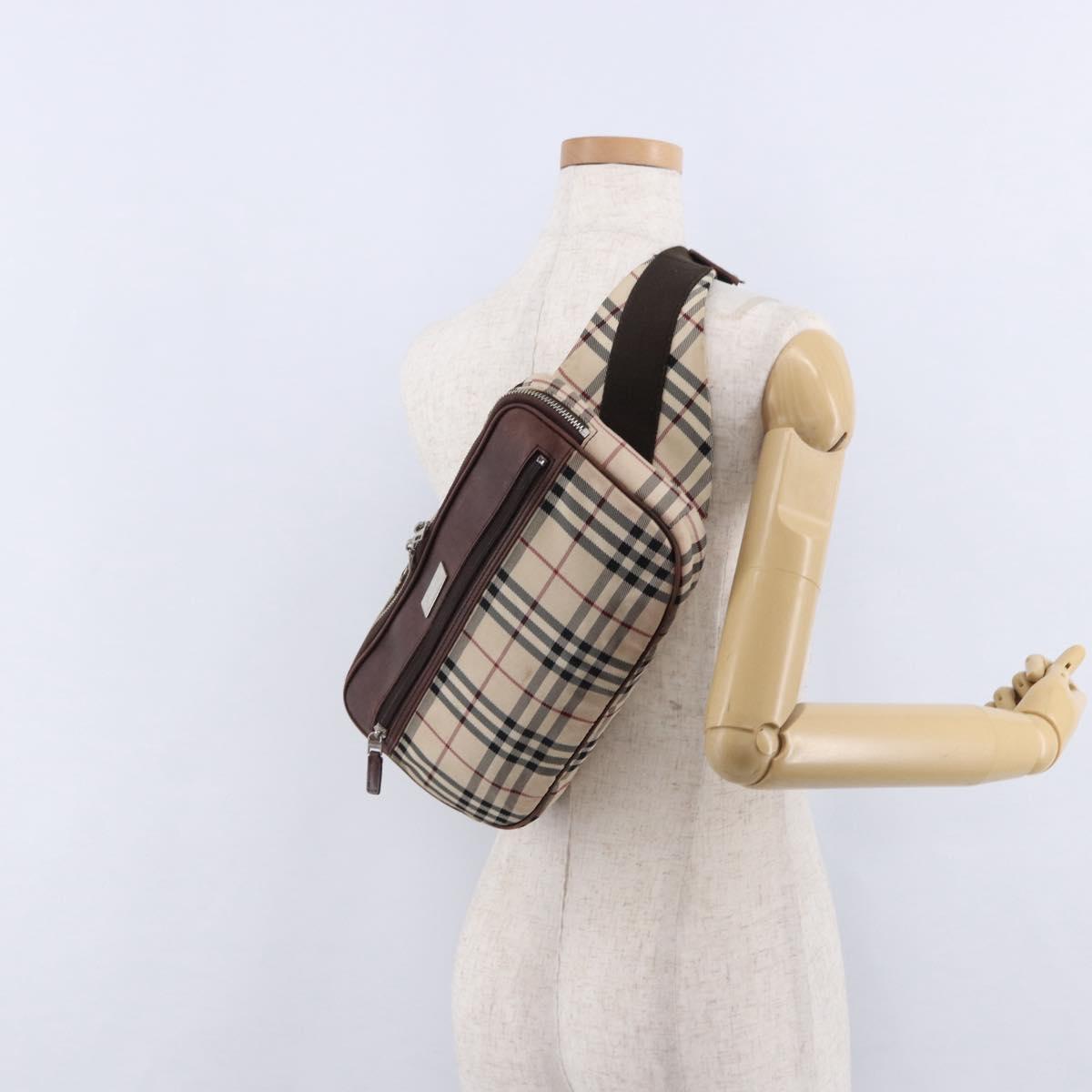 BURBERRY Nova Check Body Bag Canvas Beige Silver Auth hk3936
