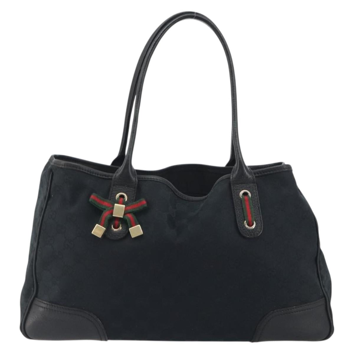 GUCCI GG Canvas Web Sherry Line Tote Bag Black Gold 163805 Auth hk3992
