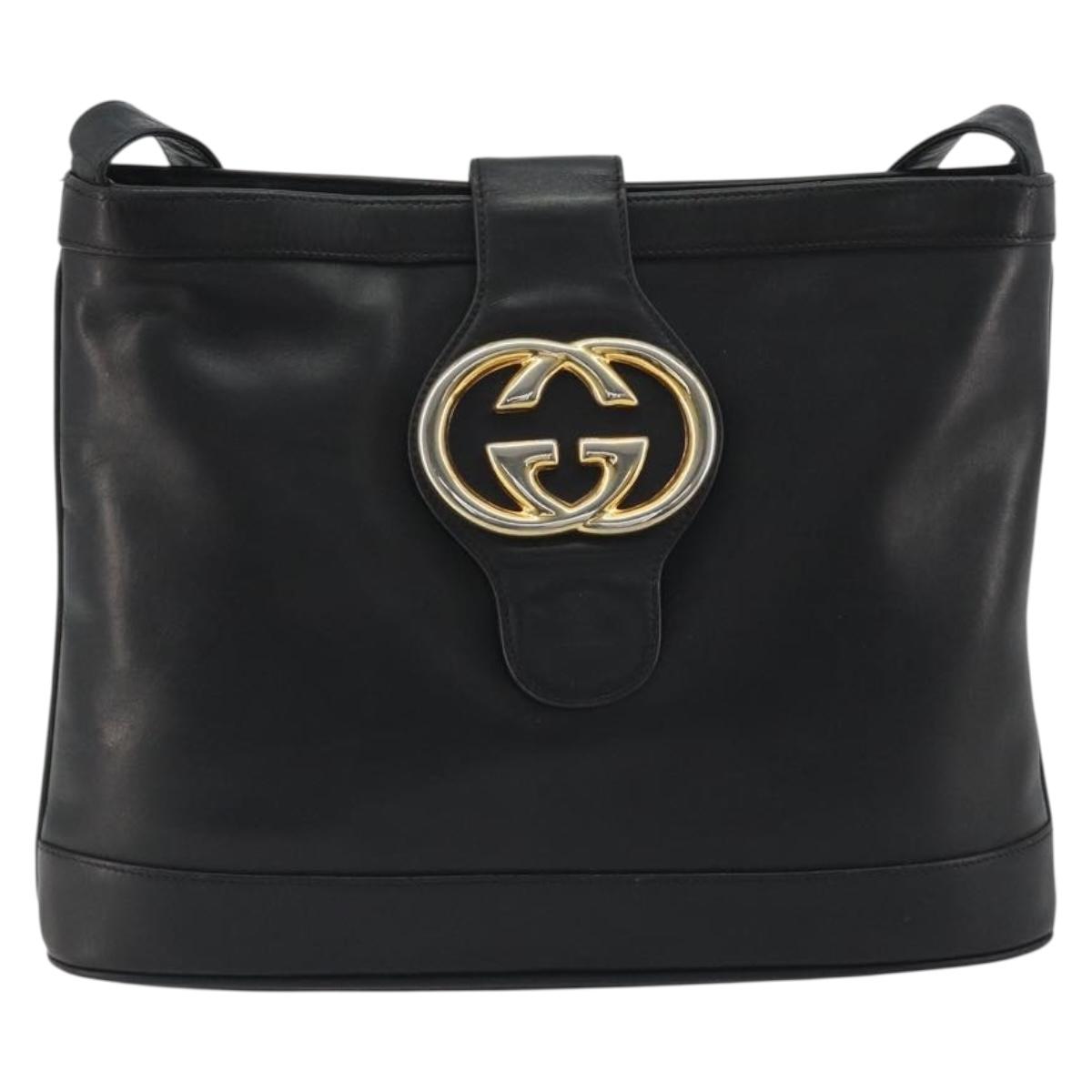 GUCCI Shoulder Bag Leather Black Gold Auth hk3994