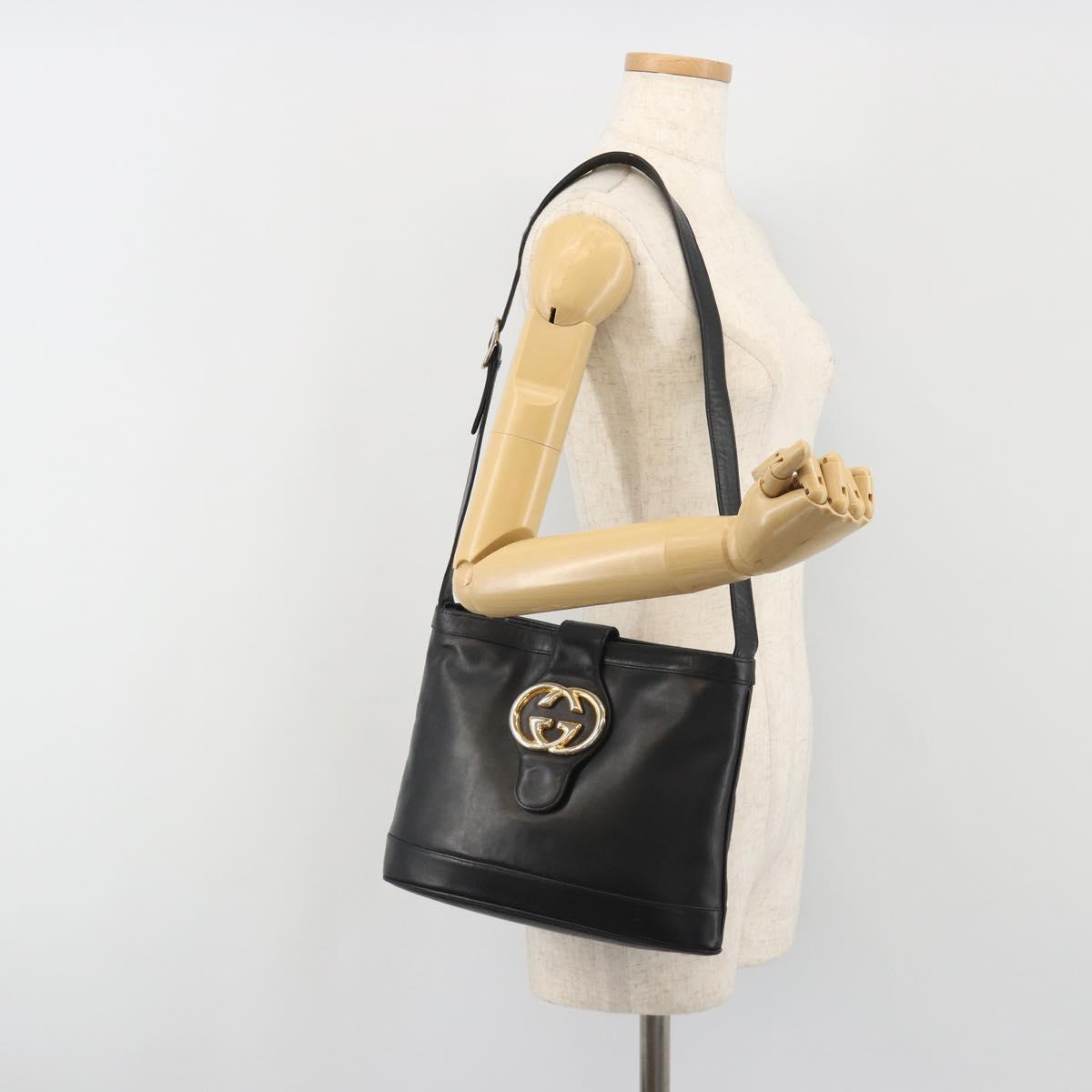 GUCCI Shoulder Bag Leather Black Gold Auth hk3994
