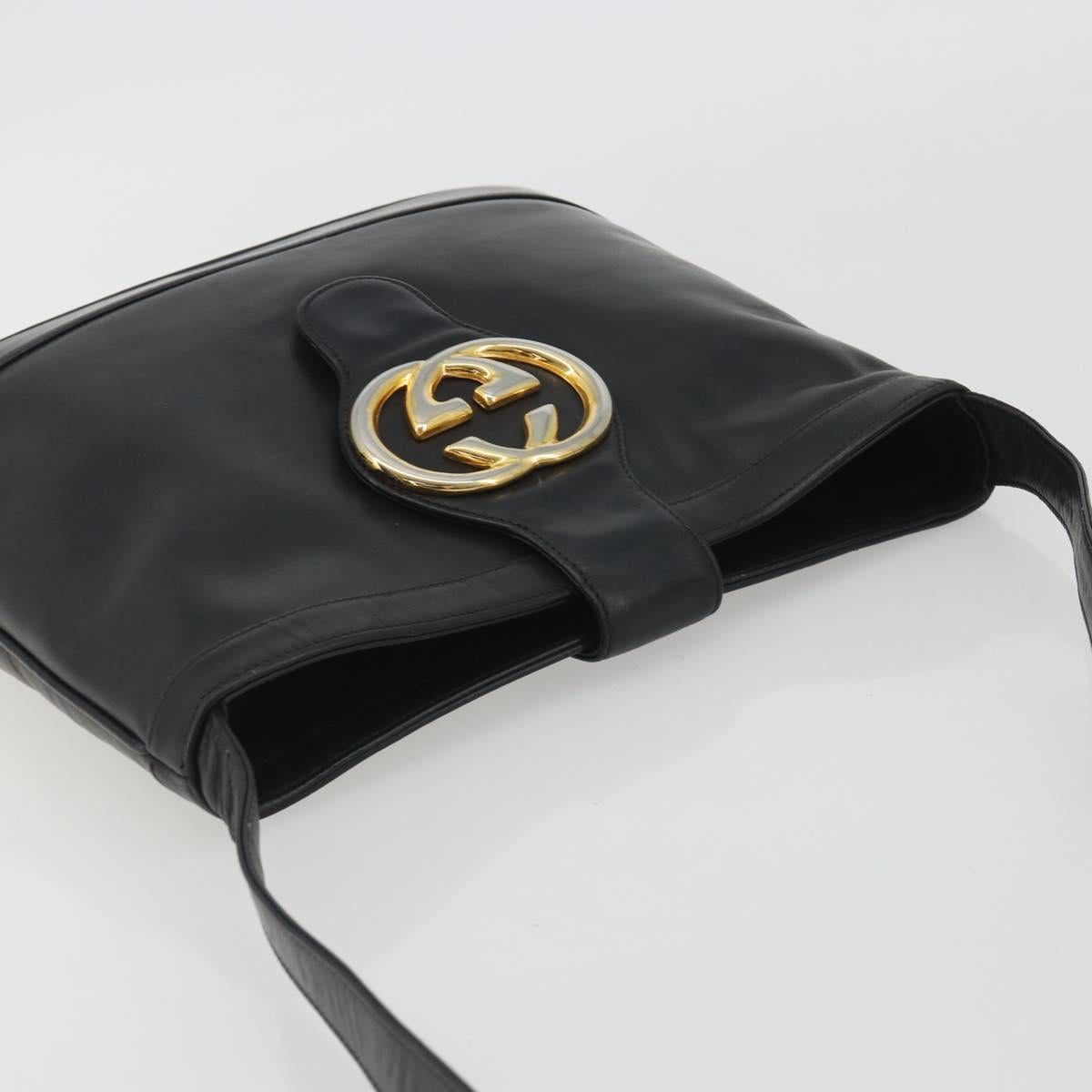 GUCCI Shoulder Bag Leather Black Gold Auth hk3994