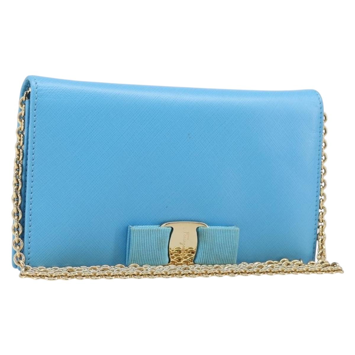 Salvatore Ferragamo Vala Chain Shoulder Wallet Leather Blue Gold Auth hk4008A