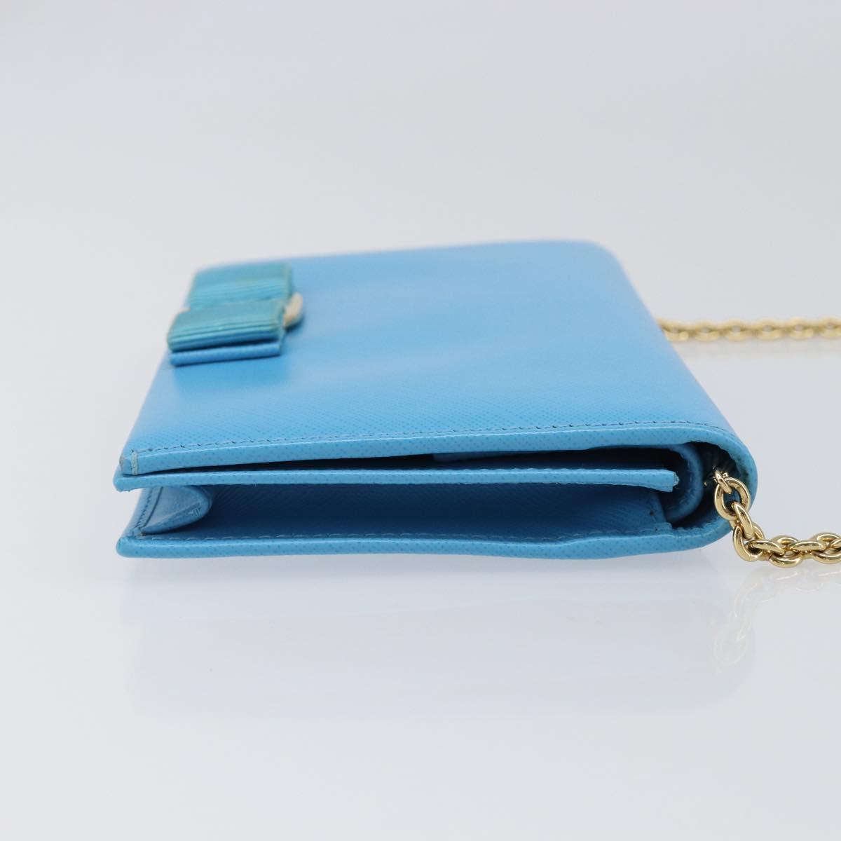 Salvatore Ferragamo Vala Chain Shoulder Wallet Leather Blue Gold Auth hk4008A