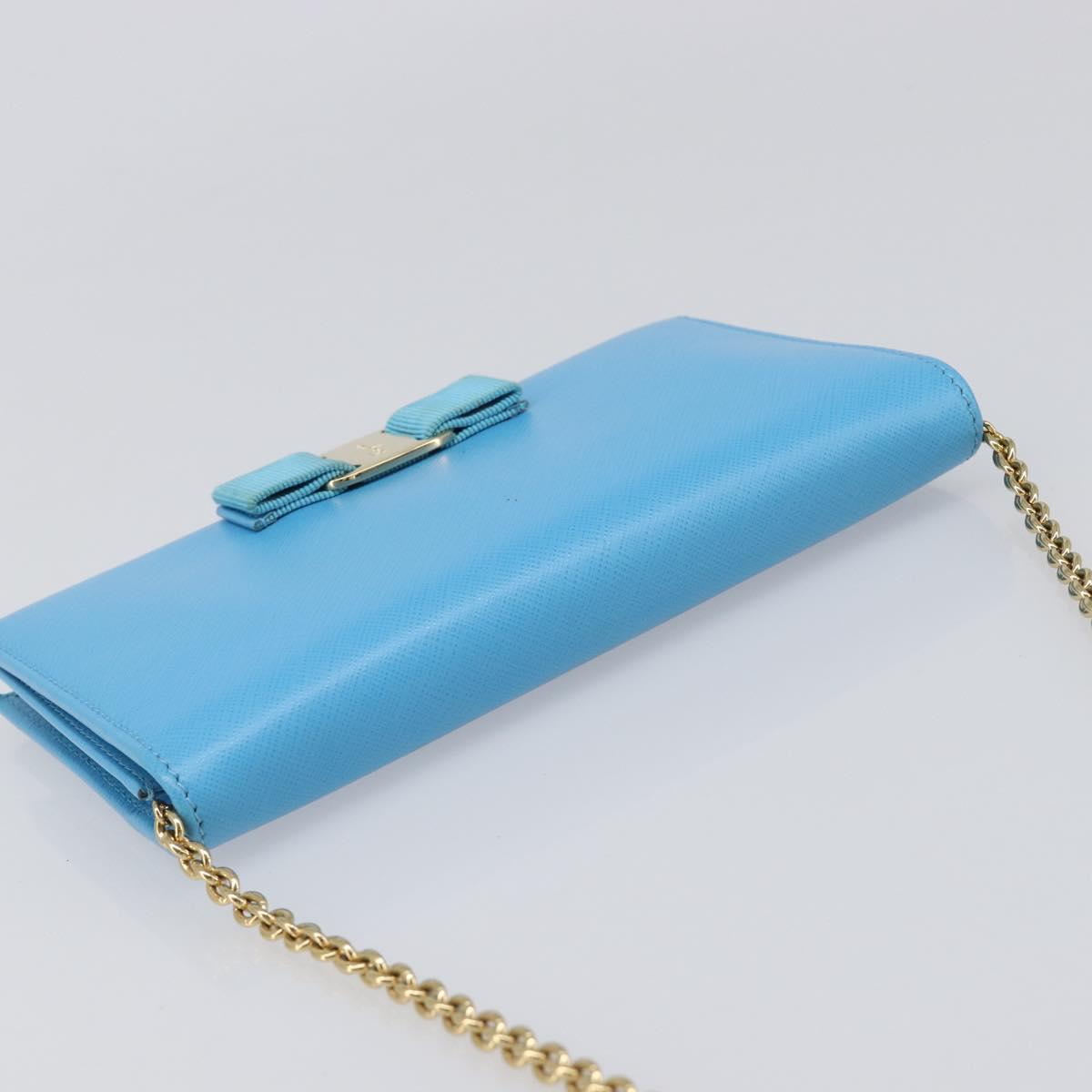 Salvatore Ferragamo Vala Chain Shoulder Wallet Leather Blue Gold Auth hk4008A