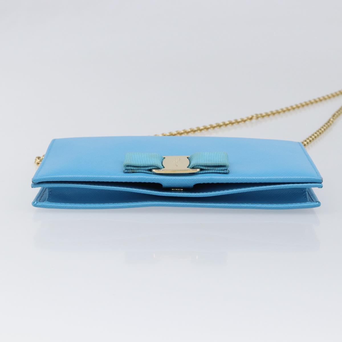 Salvatore Ferragamo Vala Chain Shoulder Wallet Leather Blue Gold Auth hk4008A