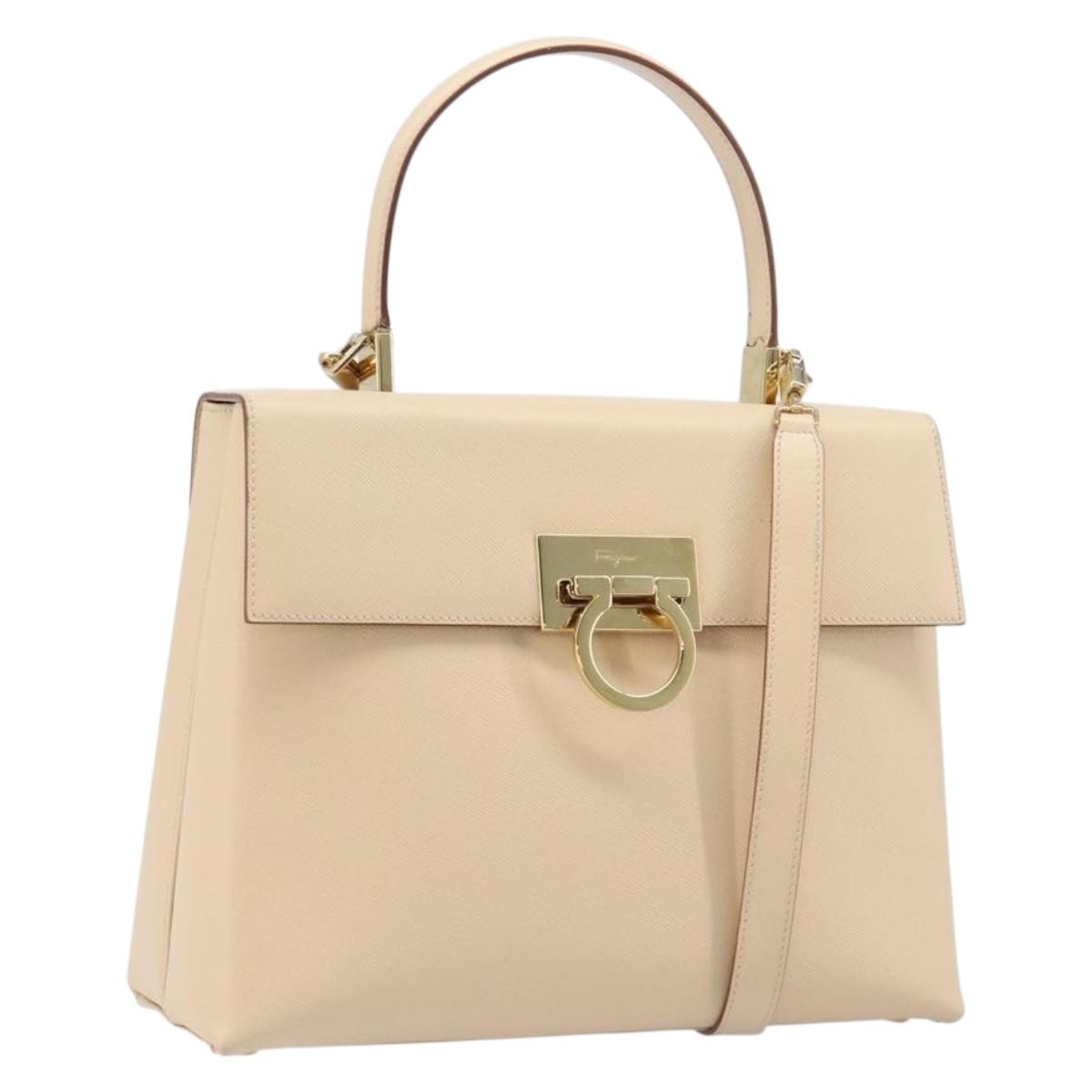 Salvatore Ferragamo Gancini Hand Bag Leather 2way Beige Gold Auth hk4010