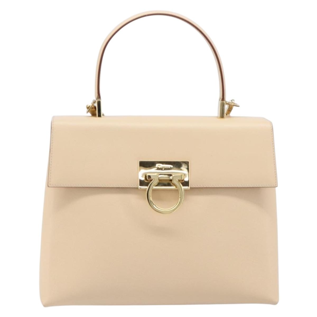 Salvatore Ferragamo Gancini Hand Bag Leather 2way Beige Gold Auth hk4010