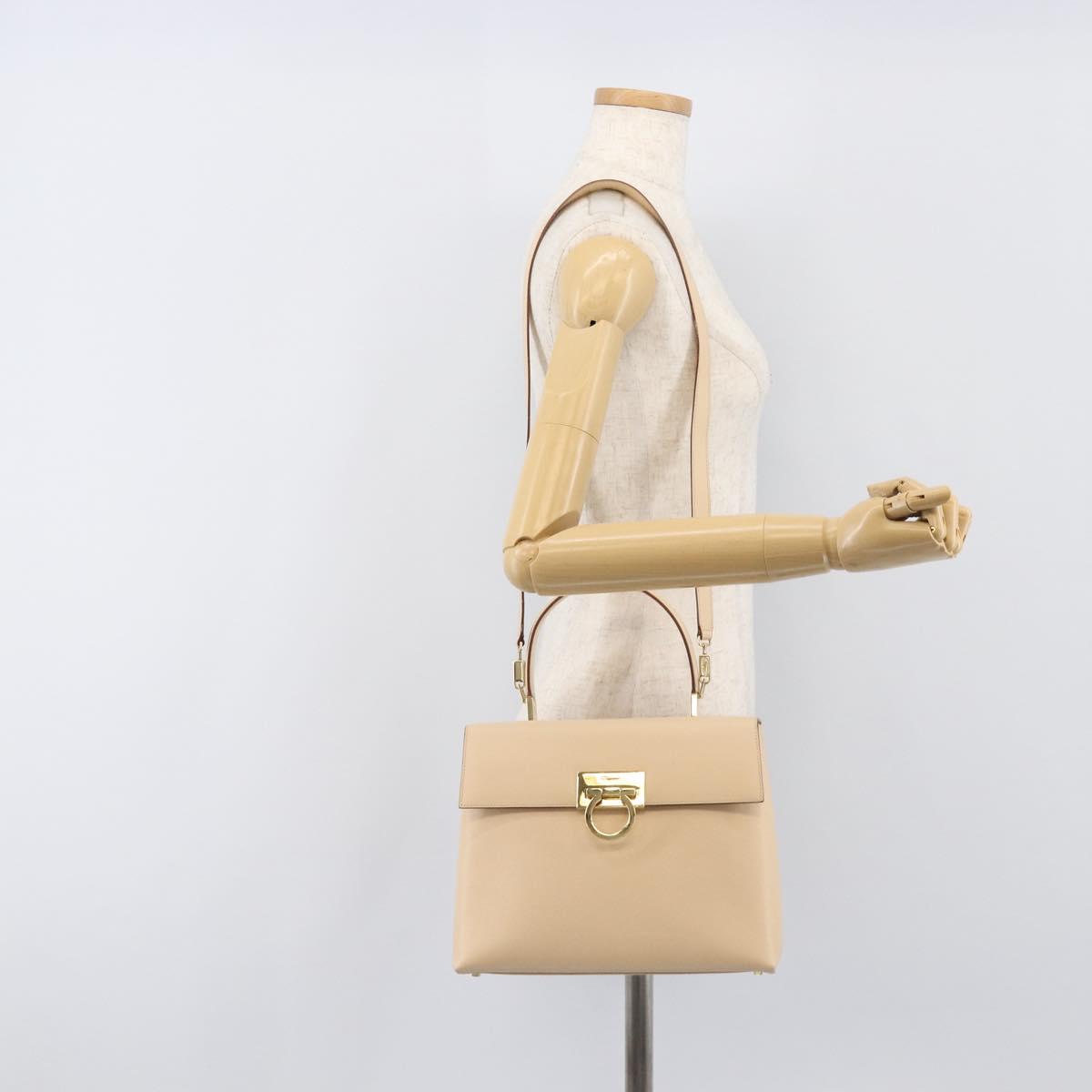 Salvatore Ferragamo Gancini Hand Bag Leather 2way Beige Gold Auth hk4010