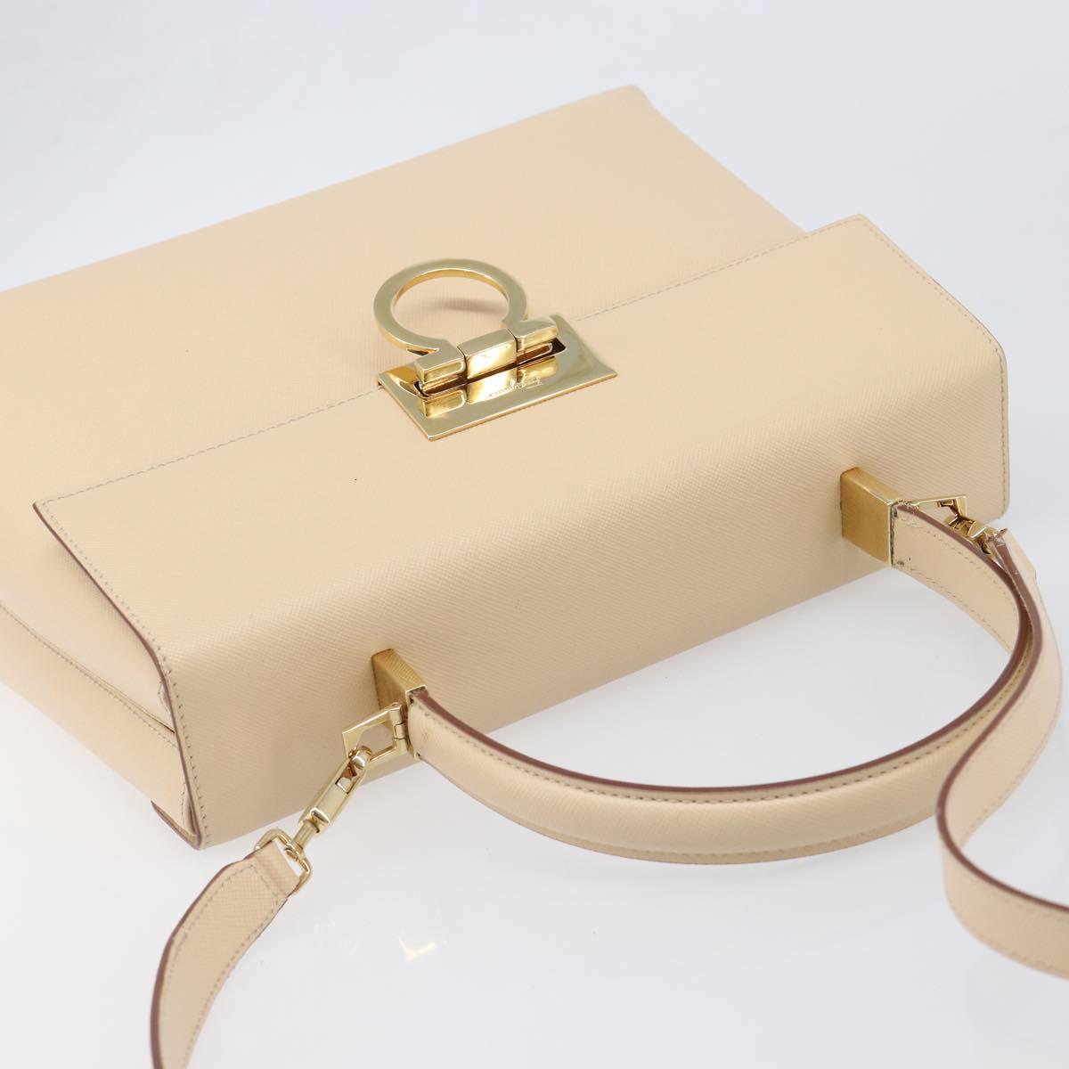 Salvatore Ferragamo Gancini Hand Bag Leather 2way Beige Gold Auth hk4010