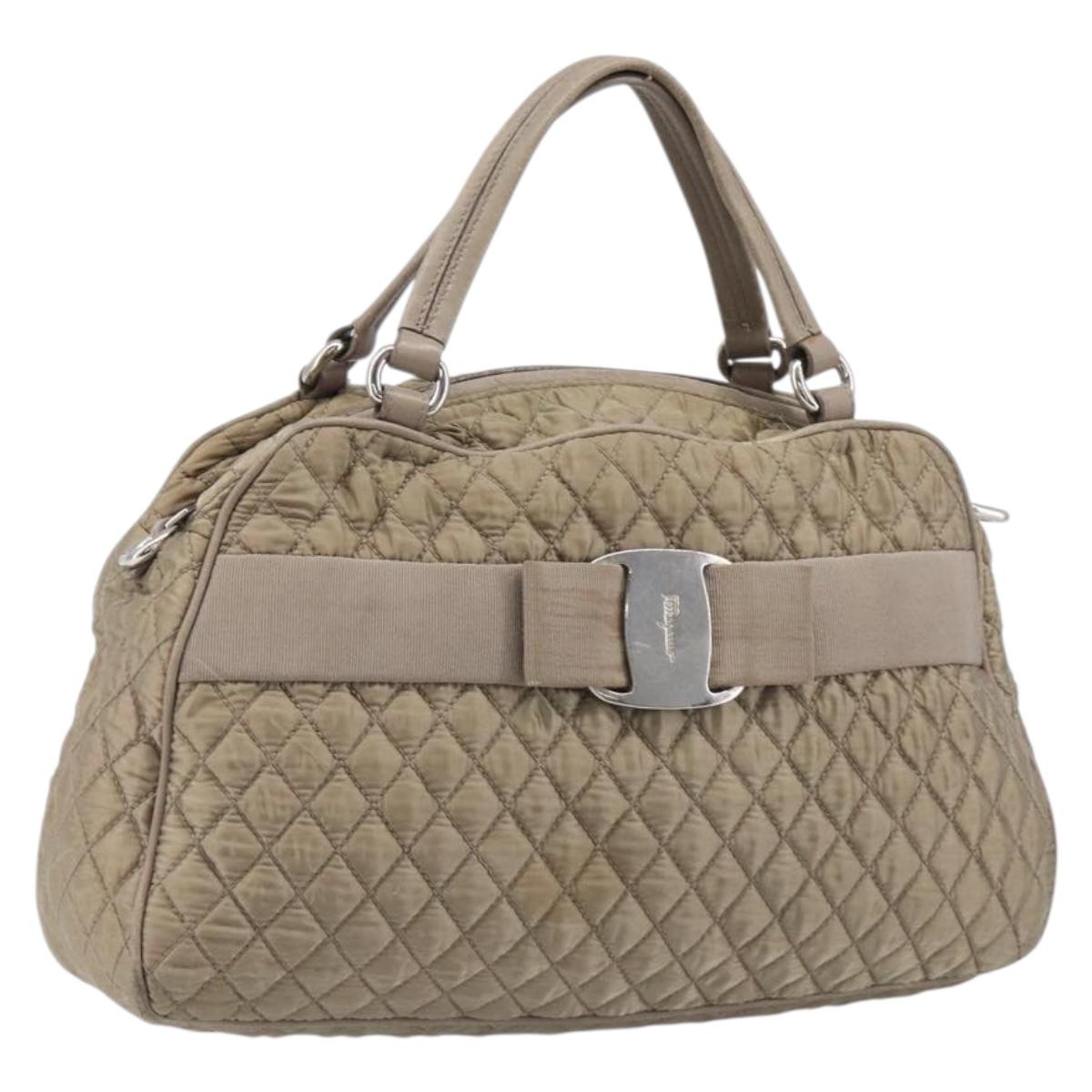 Salvatore Ferragamo Vala Hand Bag Nylon Brown Silver Auth hk4011